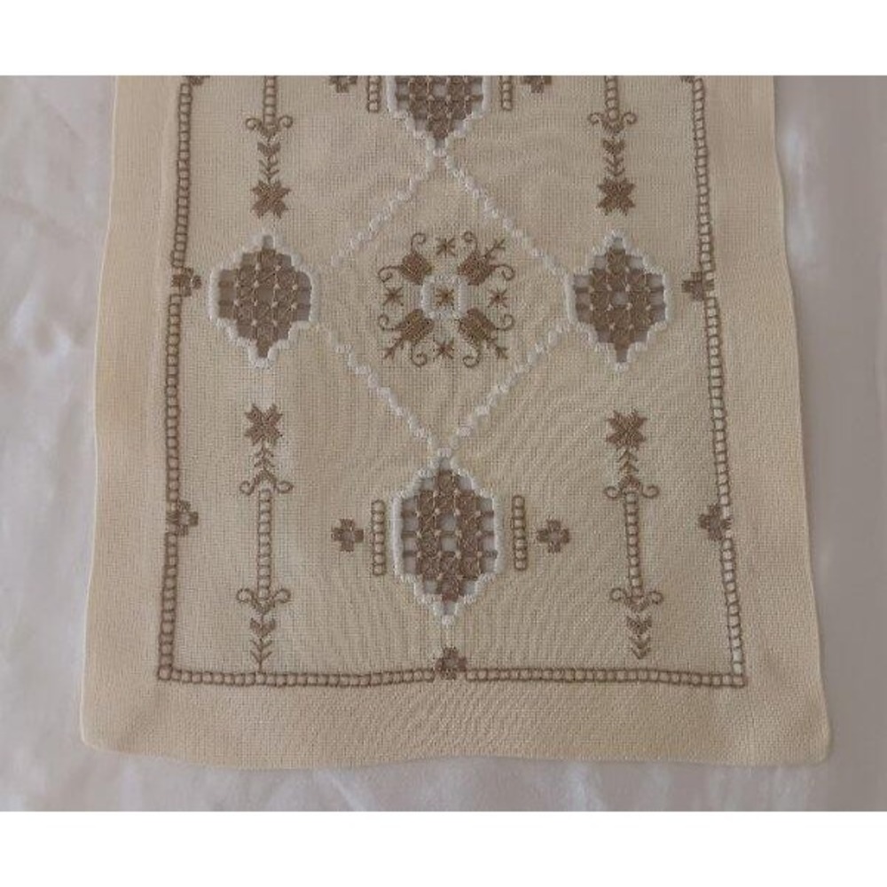 Unused Vintage Hardanger Table Runner Taupe Embroidery Lace Norway New 51"